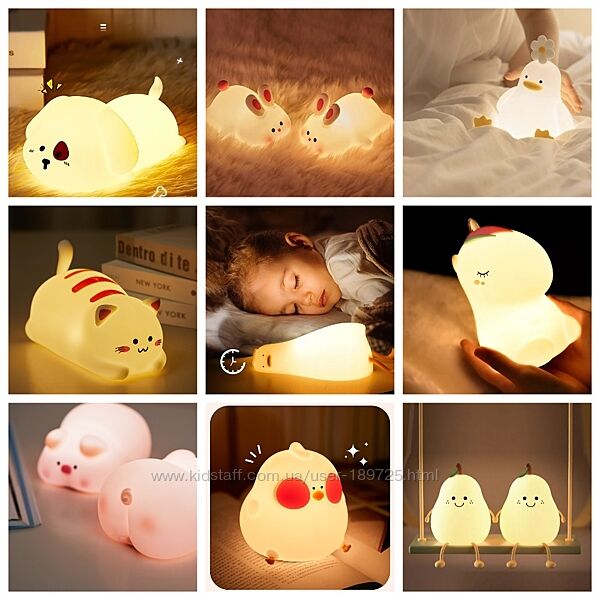 Дитячі силіконові нічники світильники Єдиноріг, Зайчик, Котик, Панда, Качка