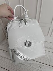 Жіночий білий шкіряний лаковий рюкзак. Жіноча шкіряна сумка. Polina&Eiterou