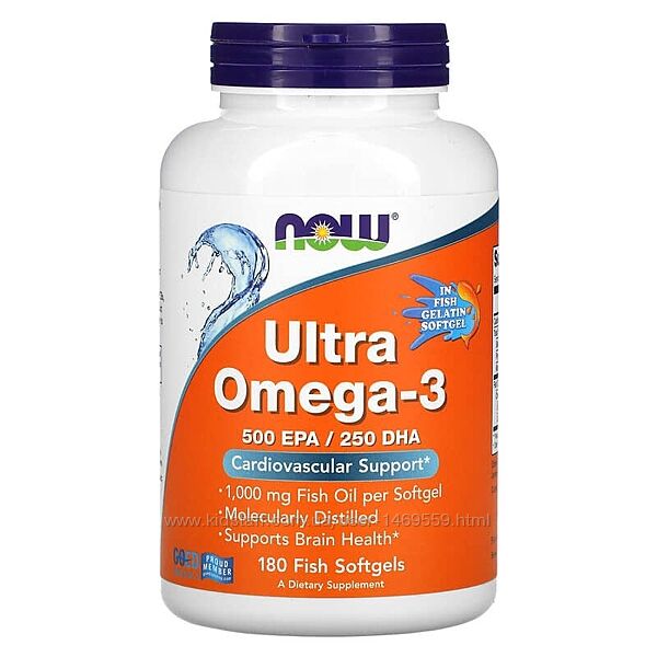 NOW Foods Ultra Omega-3 500 ЕПК/250 ДГК 180 рибних капсул вітаміни для імун