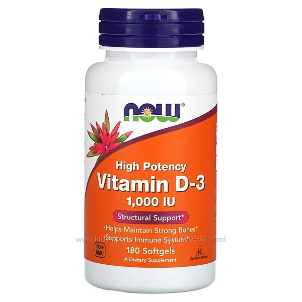 NOW Foods вітамін D3 високоактивний 1000 МО 180 мяких таблеток Д3 для кіст