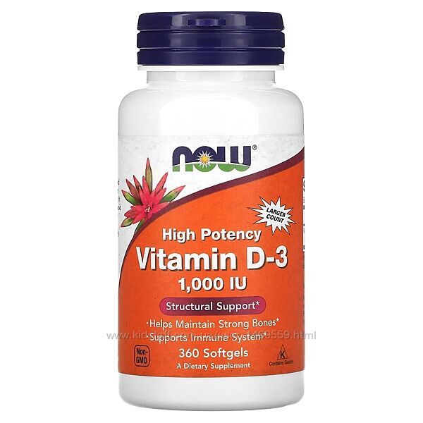 360 мяких таблеток NOW Foods вітамін D-3 висока ефективність 25 мкг 1000 Д3