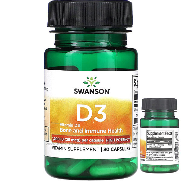 Swanson Вітамін D3 висока ефективність 1000 МО 25 мкг 30 капсул Д3 вітаміни