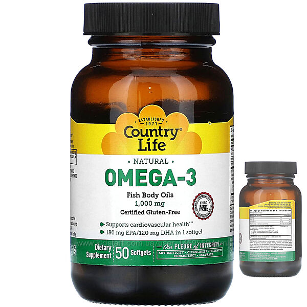 Country Life Naturals omega 3 1000 мг 50 таблеток вітамін Е ЕПК ДГК омега 3
