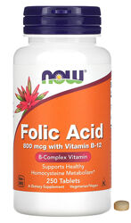 NOW Foods фолієва кислота 800 мкг 250 таблеток фолат вітамін B-12 комплекс 