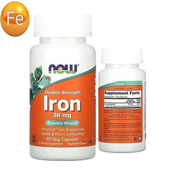 NOW Foods залізо подвійної концентрації 36 мг 90 вегетаріанських капсул iro