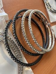 Серьги-кольца большие круглые сережки стразы черные серебряные 60/70/80 мм