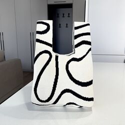 Тренд стильна чорно біла жіноча вязана текстильна сумка шопер