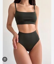 Купальник с высокими плавками топ и трусы хаки