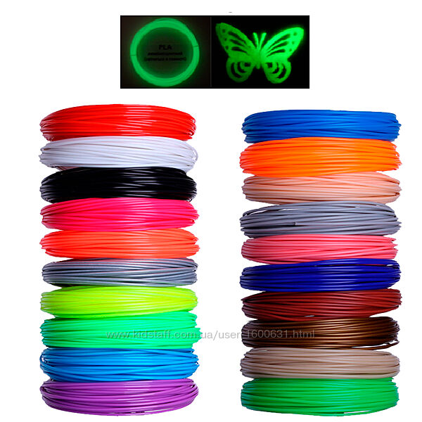 Комплект 25 кольорів PLA пластику для 3D-ручки 125 метрів ПЛА світиться