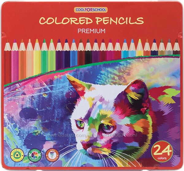 Кольорові олівці Cool for school Premium тригранні 24 кольори в метал коробці