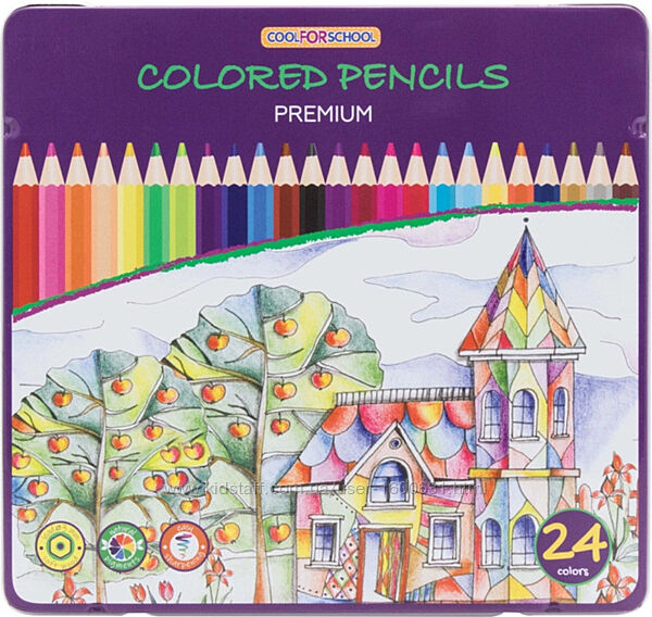 Кольорові олівці Cool for school Premium шестигранні 24 кольори в метал коробці