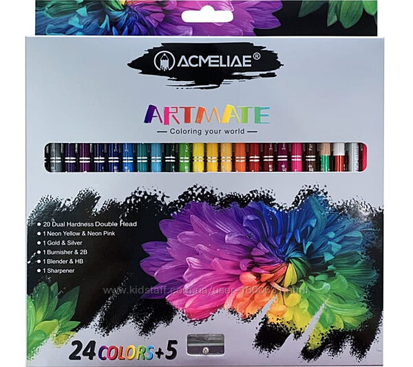 Олівці кольорові двосторонні 24 кольори  поліруючий олівець та олівець-блендер з точилкою Acmeliae