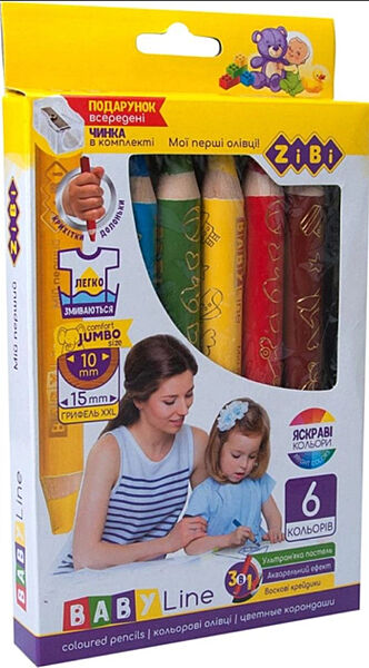 Олівці кольорові 6 кольорів з точилкою Baby Line Mini Super Jumbo ZiBi