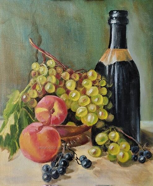 Картина маслом живопись натюрморт с вином персиками и виноградом