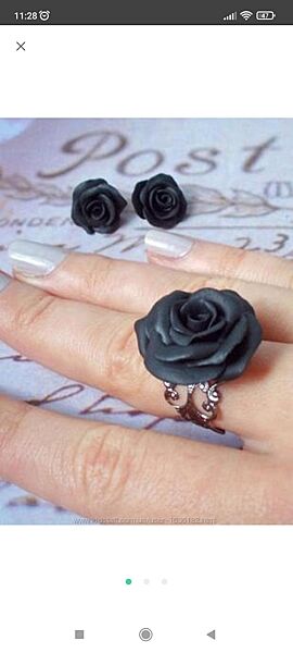 Комплект авторских украшений серьги гвоздики и кольцо винтажная черная роза