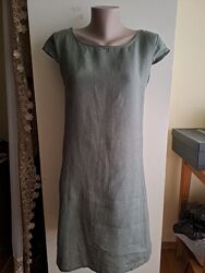 Итальянское легкое льняное платье цвета хаки с двумя потайными карманами