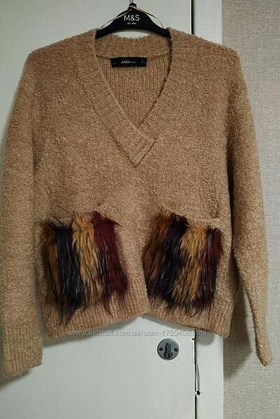 Zara замечательный свитер свободного кроя из смесовой шерсти с меховыми цве