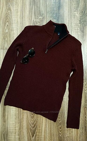 Шерстяной свитер/водолазка в рубчик на молнии/винного цвета