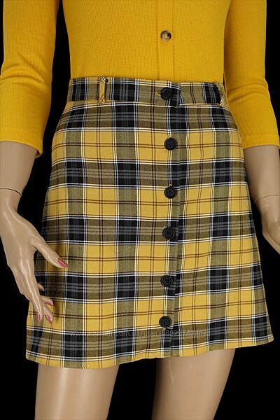 Брендовая юбка мини New Look желтая в клетку на пуговицах, uk12/eur40.