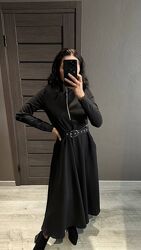 Красивое чёрное платье, миди, с поясом, модное, на молнии, ниже колена,4056