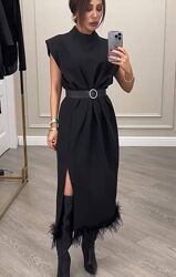 Красивое чёрное платье миди нарядное с поясом модное 9822f