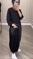 Чёрное длинное женское платье миди трикотаж с накладными карманами 4826f
