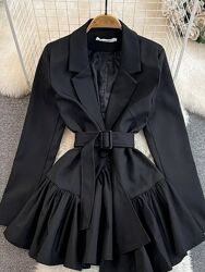 Короткое платье пиджак черный с поясом стильный женский модный 85513els