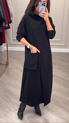 Длинное платье чёрное итальянский трикотаж накладной карман красивое 833f
