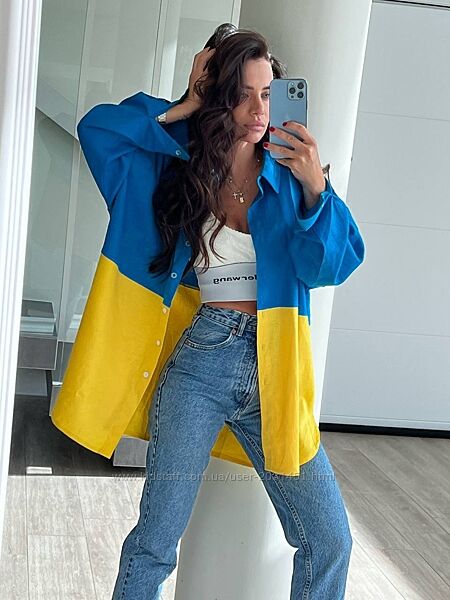 Рубашка женская, льняная, оверсайз, бренд, сине желтая, флаг прапор украины