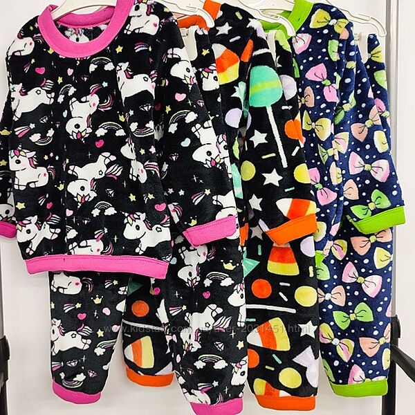 Пижама детская, кофта, штаны,  единорог, бантики, конфеты, салатовая теплая