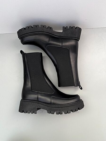 Челси ботинки женские черные кожаные зимние высокие натуральная кожа и мех 