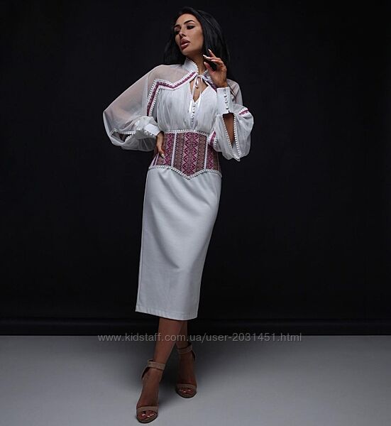 Платье - вышиванка женское миди дизайнерское с вышивкой нарядное белое