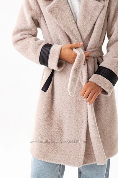 Пальто женское демисезонное альпака, бежевое 44, оверсайз оversize
