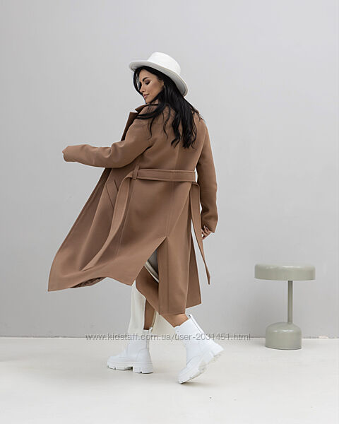 Пальто женское миди прямого кроя с поясом шерстяное деми бренд  карамель