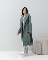 Пальто женское миди, с поясом, шерстяное, демисезонное, оливковое