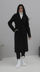 Пальто женское миди, с поясом, шерстяное, демисезонное, черное