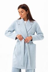 Пальто женское  демисезонное оверсайз, шерстяное, бежевое, голубое в клетку