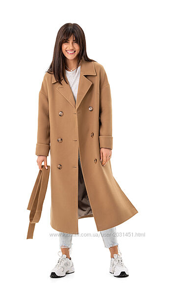 Пальто женское миди демисезонное, шерстяное, кэмел, двубортное, бренд 