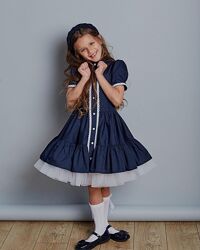 Платье детское школьное на пуговицах, темно синее, школьная форма синяя