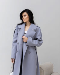 Пальто женское демисезонное, элегантное, двубортное, шерстяное,  голубое