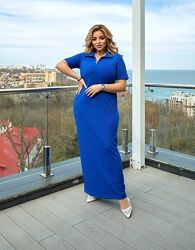 Платье женское длинное трикотажное, хлопковое, батал, черное синее электрик