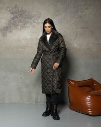 Пальто женское стеганое теплое зимнее, темно-серое