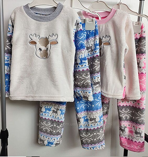 Пижама детская кофта с вышивкой, штаны, розовая, синяя, утепленная