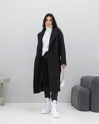 Пальто женское миди прямого кроя шерстяное демисезонное, однотонное черное 
