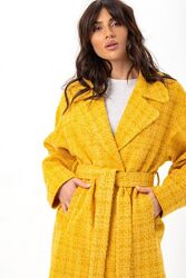 Пальто женское миди французский твид демисезонное весеннее осеннее желтое