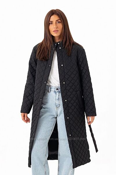 Пальто женское миди стеганое утепленное плащевка демисезонное черное