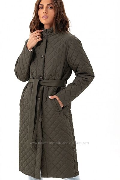Пальто женское миди стеганое утепленное плащевка демисезонное хаки