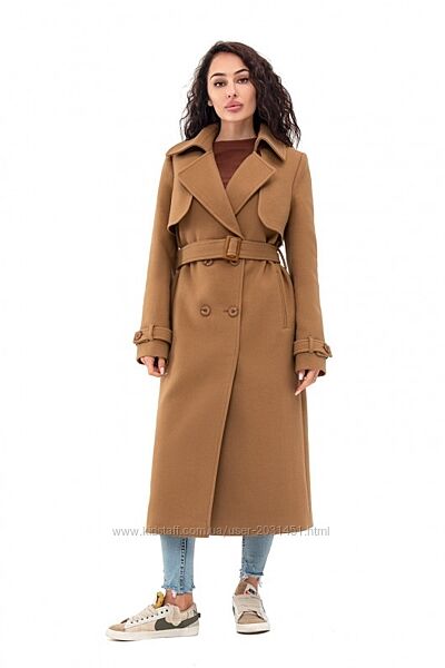 Пальто женское двубортное, демисезонное, шерстяное, пальто - тренч, кэмел