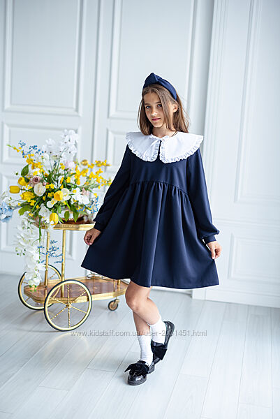  Платье детское подростковое школьное с белым хлопковым воротником синее