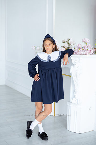 Платье детское подростковое школьное с белым фатиновым воротником синее 